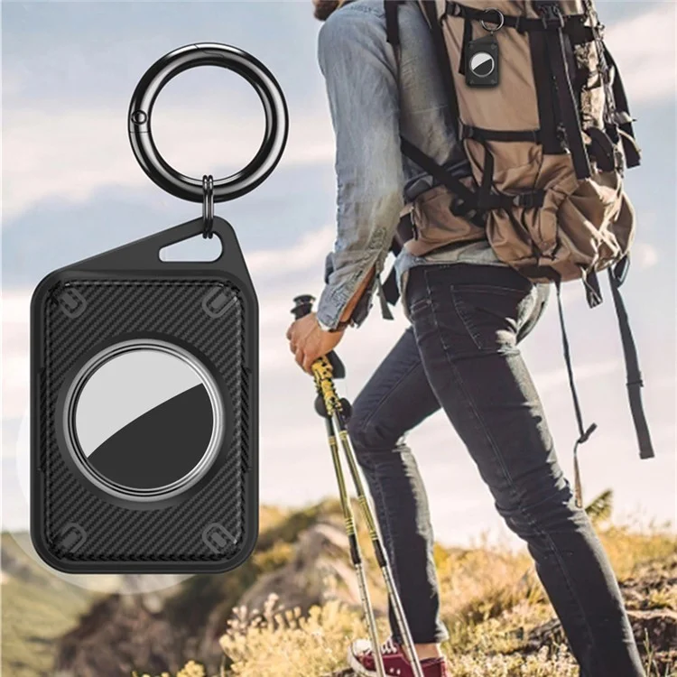 For Apple AirTag IP68 Waterproof Case Carbon Fiber TPU+PC Cover with Protective Film and Ring Buckle