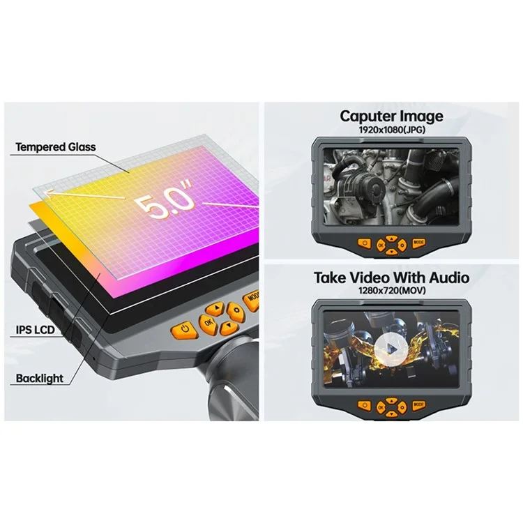 TESLONG TD500 Telecamera di ispezione per tubi con lente rotante da 8,5 mm, cavo da 1,55 m e schermo da 5,0 pollici, con scheda TF da 32 GB