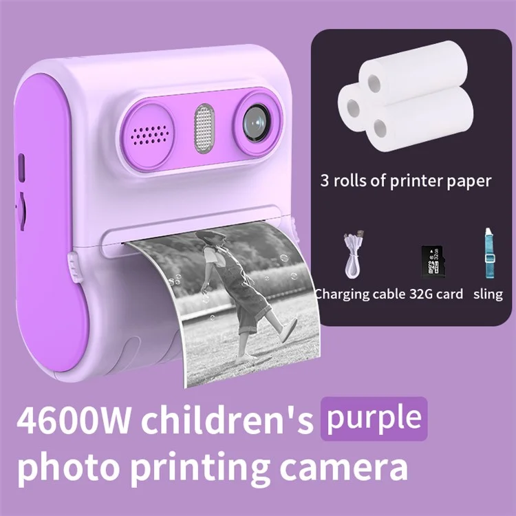 LK001 2.4-inch Screen Children Digital Camera Thermal Inkless Photo Printer with 32G TF Card + Card Reader - Purple