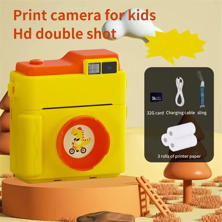 LK002 2,4-дюймовый Экран Детей HD Digital Camera Mini Photo Photo Printer с 32G TF Card + Carder Reader - Желтый