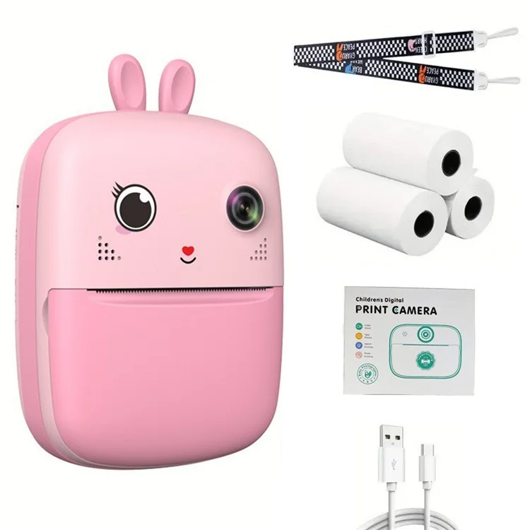 Câmera Digital Infantil S6 Cute Cartoon de 2,4 Polegadas com Impressora Térmica Instantânea de Fotos Dual Lens e Cartão TF de 32G + Leitor de Cartão - Rosa