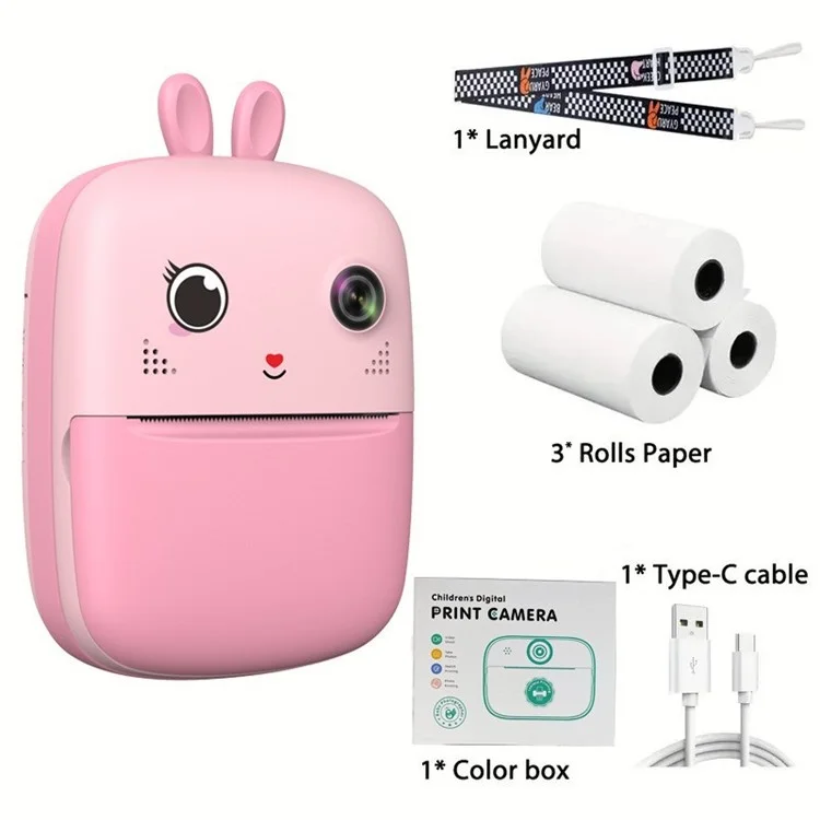 Câmera Digital Infantil S6 Cute Cartoon de 2,4 Polegadas com Impressora Térmica Instantânea de Fotos Dual Lens e Cartão TF de 32G + Leitor de Cartão - Rosa