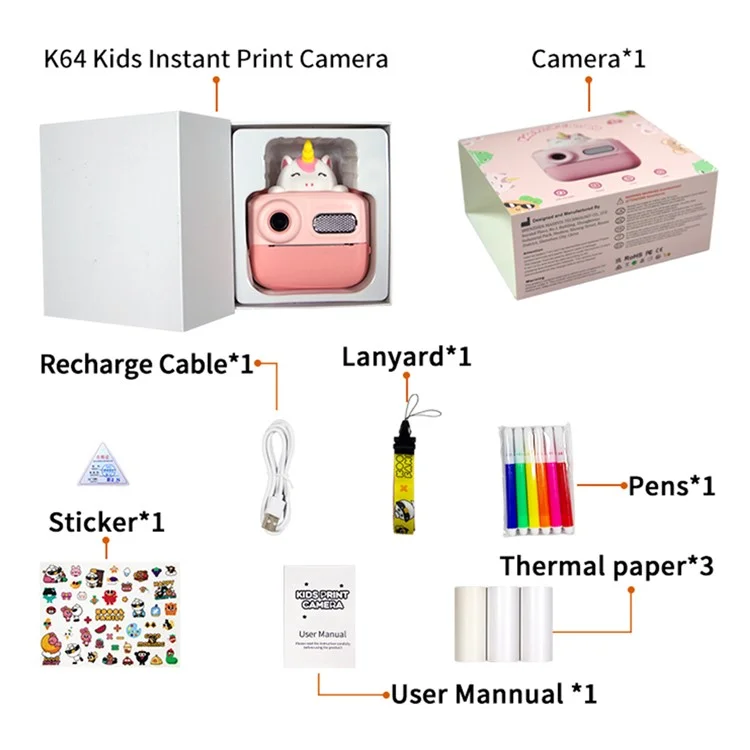 K64 Cute Dual Lens Kids HD Camera da Stampa Istantanea Stampante Per Foto Termiche - Verde
