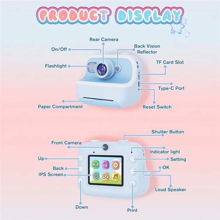M8 2,4-zoll-ips-bildschirm Dual Lens Kids Drucken Kamera Instant Thermal-fotodrucker - Blau