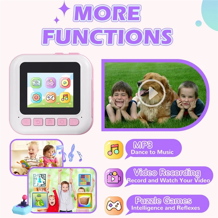CP02 Cámara digital HD para niños con pantalla de 2.4 pulgadas y mini impresora térmica de fotos con tarjeta TF de 32GB + lector de tarjetas - Púrpura