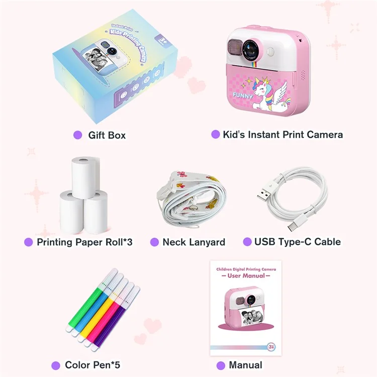 CP02 Cámara digital HD para niños con pantalla de 2.4 pulgadas y mini impresora térmica de fotos con tarjeta TF de 32GB + lector de tarjetas - Púrpura