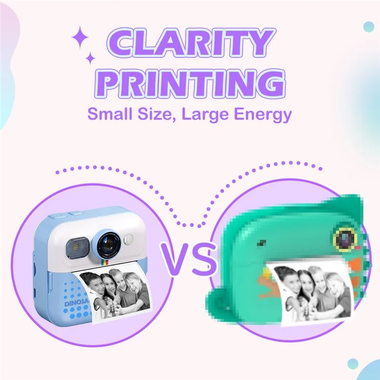 CP02 Cámara digital HD para niños con pantalla de 2.4 pulgadas y mini impresora térmica de fotos con tarjeta TF de 32GB + lector de tarjetas - Púrpura