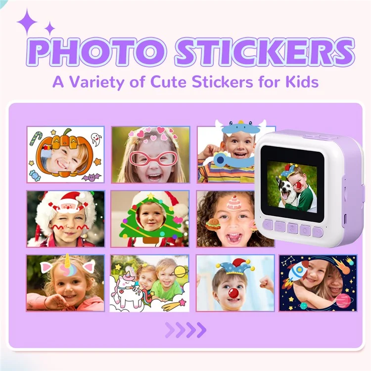 CP02 Cámara digital HD para niños con pantalla de 2.4 pulgadas y mini impresora térmica de fotos con tarjeta TF de 32GB + lector de tarjetas - Púrpura
