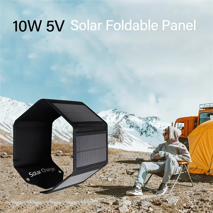 SPB5Z Foldable 5 Chargeur de Panneau Solaire 10W Chargeur Solaire Portable 5V Pour le Camping de Randonnées en Plein Air - Noir