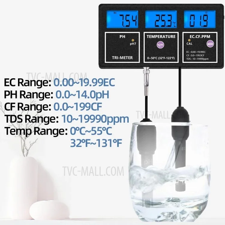 PH-116 5 in 1 Water Quality Multi-Parameter PH EC CF TDS Temperature Test Meter mit Hintergrundbeleuchtung - US-Stecker