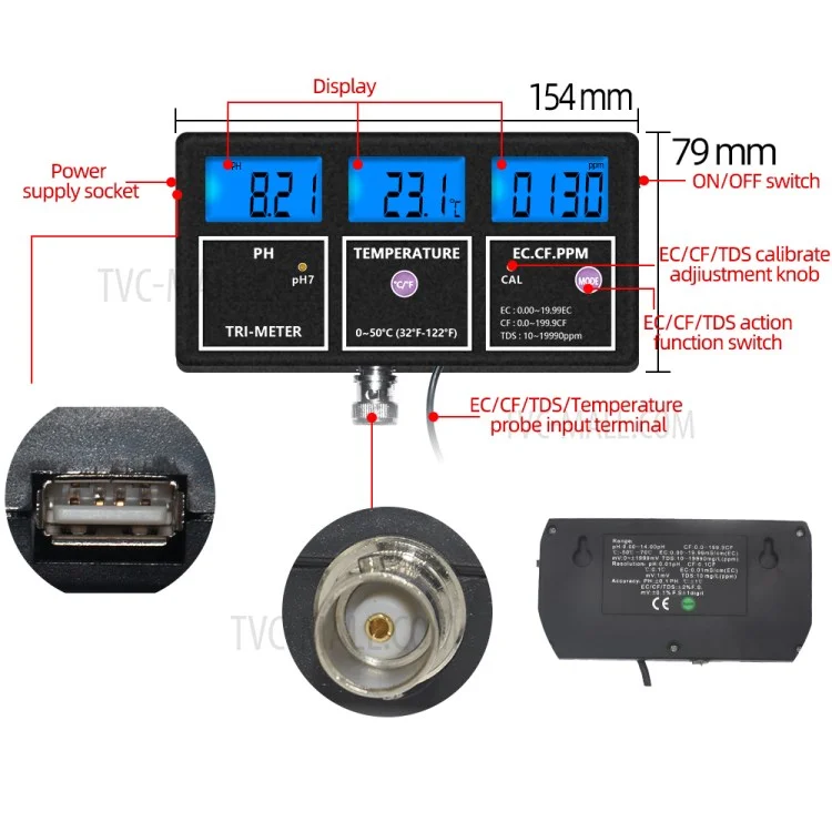 PH-116 5 in 1 Water Quality Multi-Parameter PH EC CF TDS Temperature Test Meter mit Hintergrundbeleuchtung - US-Stecker