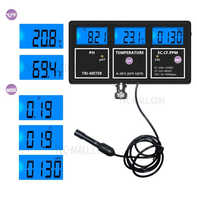 PH-116 5 in 1 Water Quality Multi-Parameter PH EC CF TDS Temperature Test Meter mit Hintergrundbeleuchtung - US-Stecker