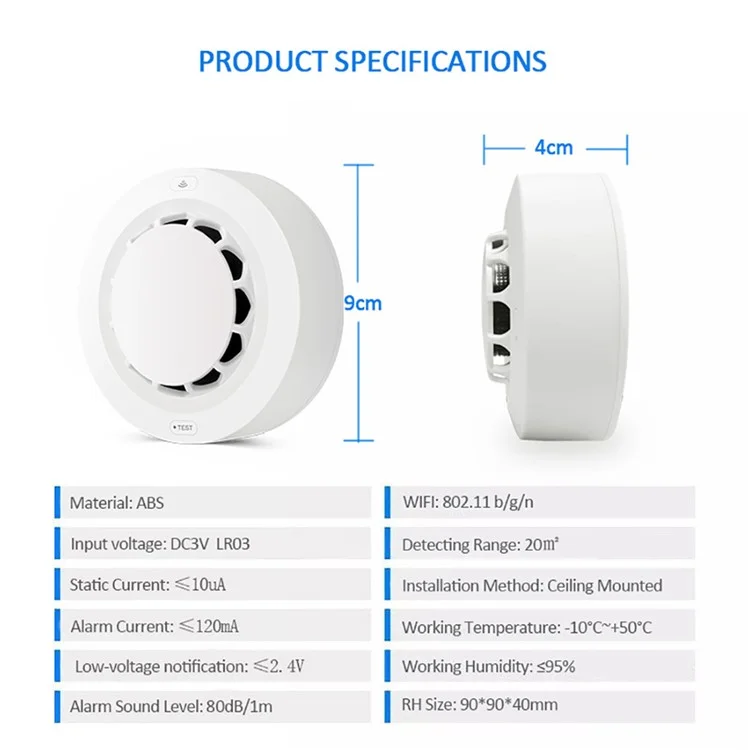 Tuya Smart Life Wireless Smoke Detector 80dB Alarm High Sensitivity WiFi Smoke Sensor