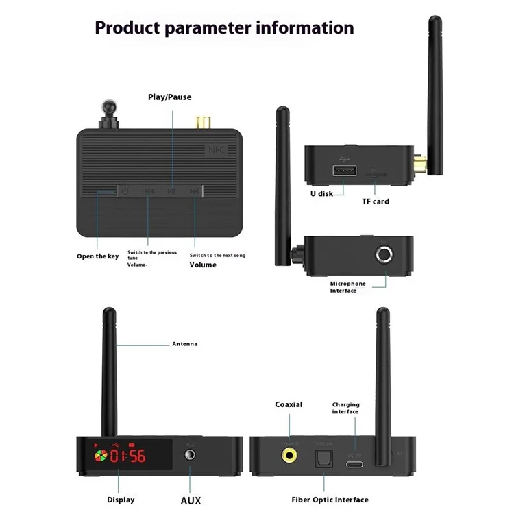D400 NFC Óptico Bluetooth 5.3 Receptor Audio Fiber Adaptador Coaxial Soporte de Flash USB / Reproducción de Cartas de TF