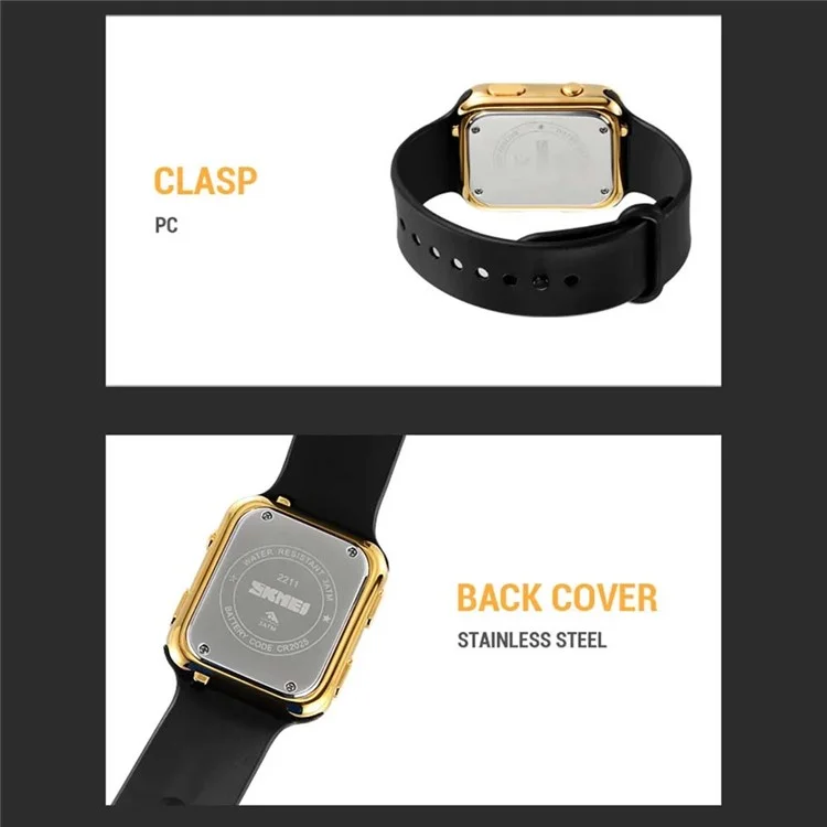 SKMEI 2211 Square Digital Watch Date Time Display Waterproof Sports Electronic Watch - Rose Gold