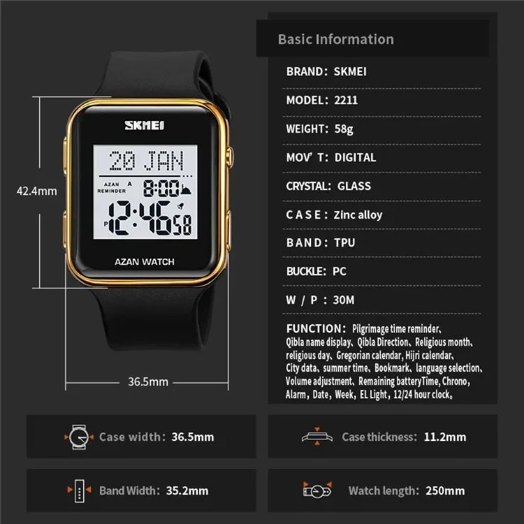 SKMEI 2211 Square Digital Watch Date Time Display Waterproof Sports Electronic Watch - Rose Gold