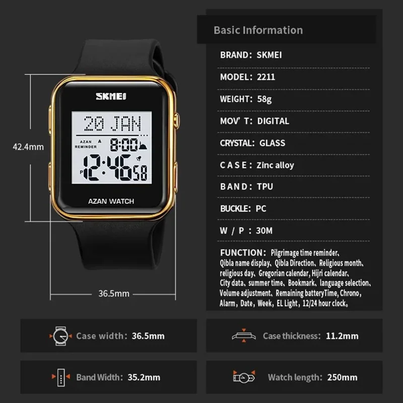 SKMEI 2211 Square Digital Watch Date Time Display Waterproof Sports Electronic Watch - Silver