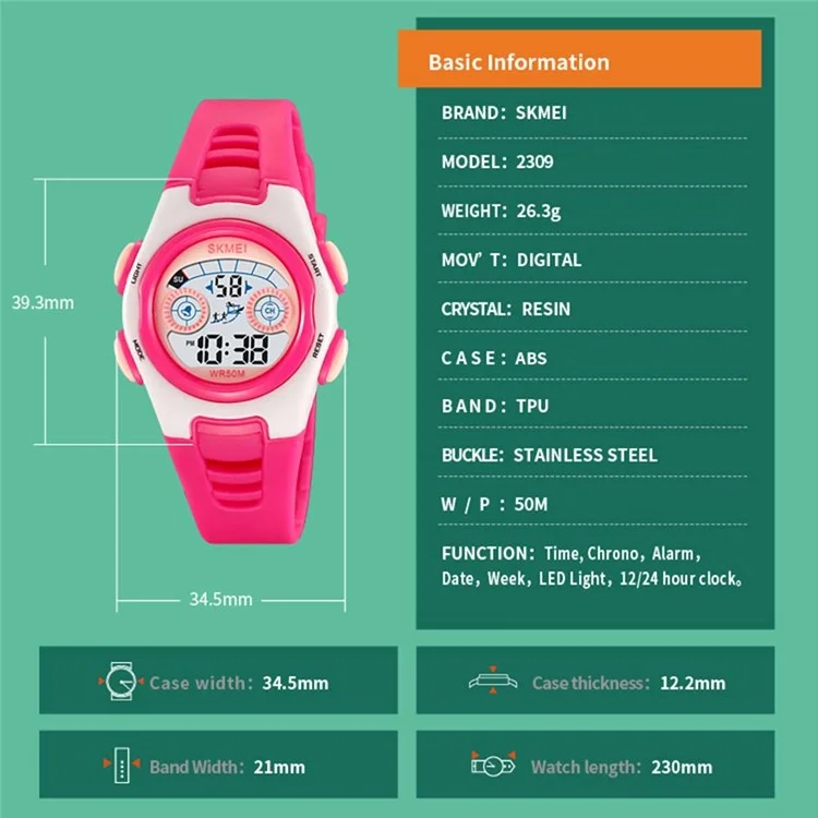 SKMEI 2309 Student Kids LED Backlight Digital Watch Date Alarm Clock Sports Electronic Watch - Black