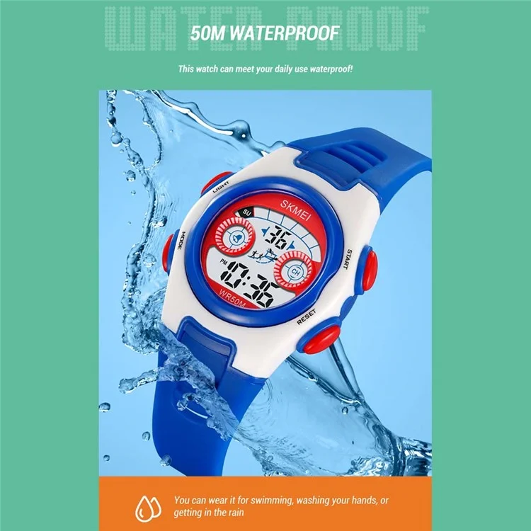 SKMEI 2309 Student Kids LED Backlight Digital Watch Date Alarm Clock Sports Electronic Watch - White Case / Blue Strap