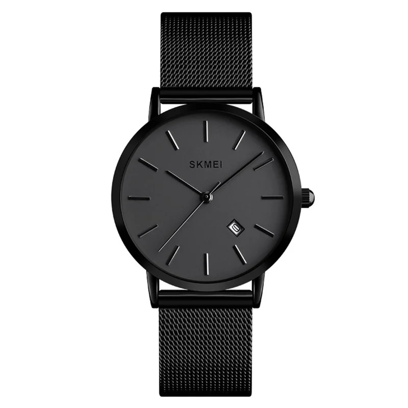 SKMEI 1530 8mm Slim Stylish Men Women Quartz Watch Stainless Steel Strap Wrist Watch - Black