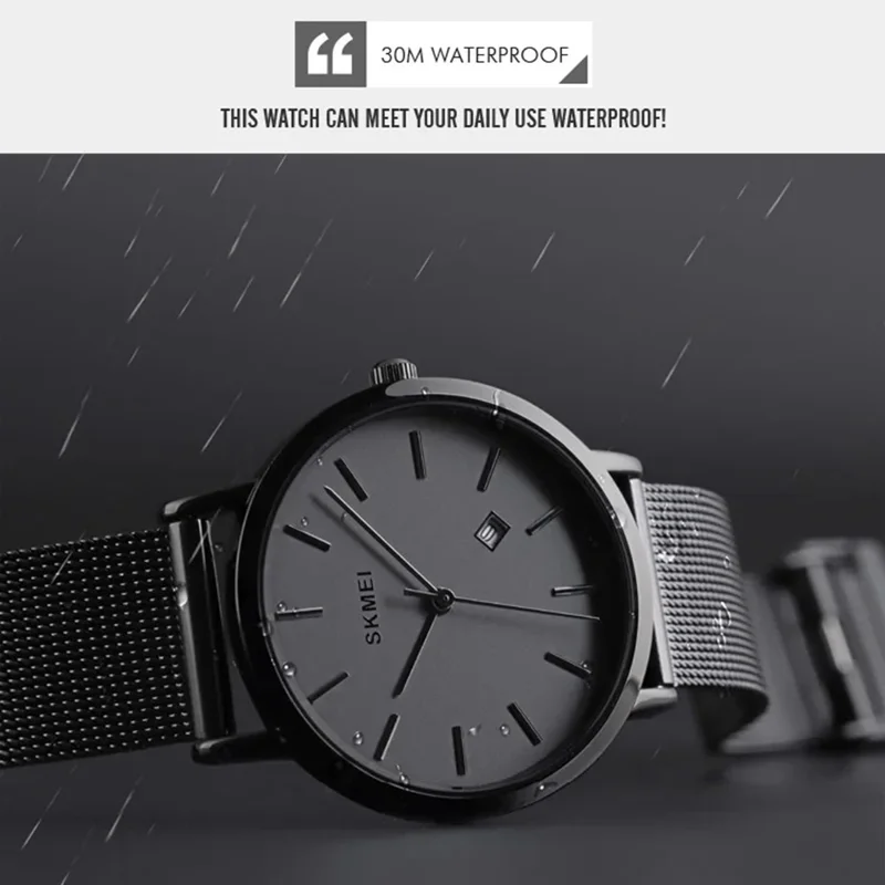 SKMEI 1530 8mm Slim Stylish Men Women Quartz Watch Stainless Steel Strap Wrist Watch - Black