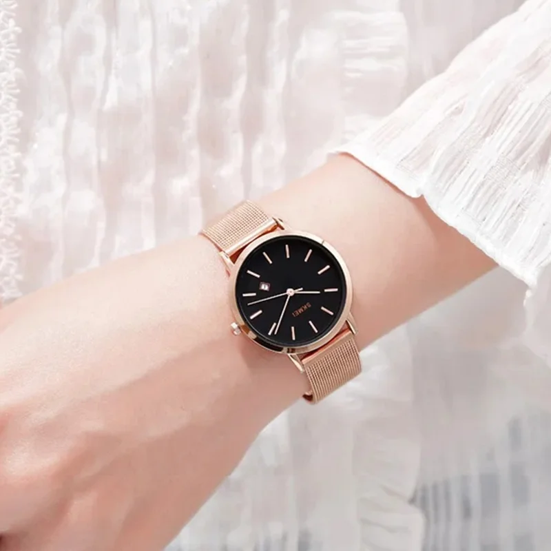 SKMEI 1530 8mm Slim Stylish Men Women Quartz Watch Stainless Steel Strap Wrist Watch - Black