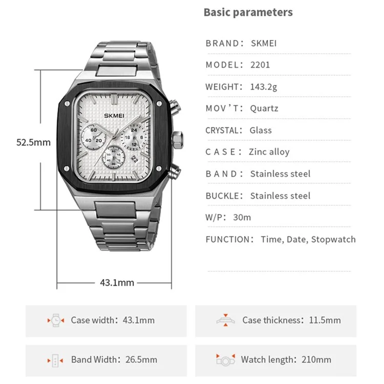 SKMEI 2201 Stilvolle Herren Geschäfts-Quarzuhr Quadratische Leuchtende Armbanduhr - Blau