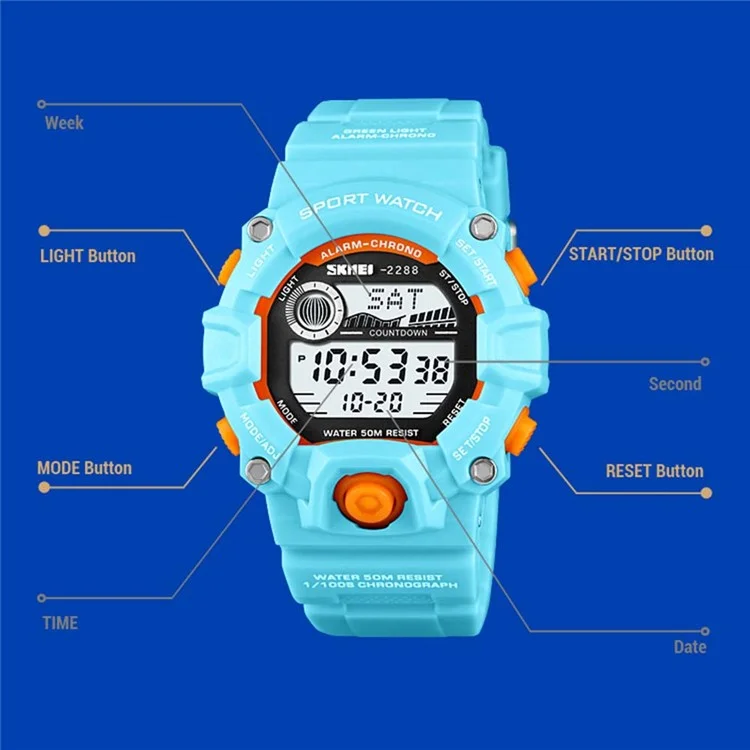 SKMEI 2288 Teenager Luminous Digital Watch Outdoor Sports Electronic Wrist Watch - Baby Blue