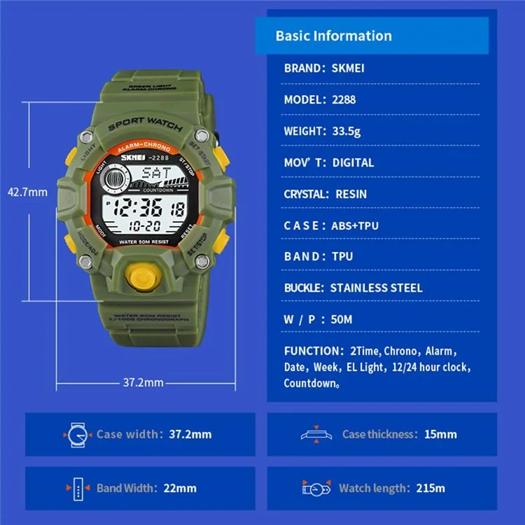 SKMEI 2288 Teenager Luminous Digital Watch Outdoor Sports Electronic Wrist Watch - Baby Blue