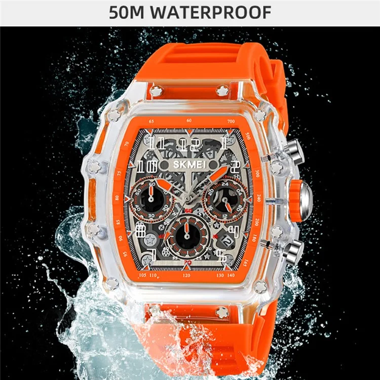 Skmei 2305 Men Elegante Quartzo Assistir a Água de Parada de Parada de Parada de Parada de Parada de Stopwatch - Caso Branco Transparente / Cinta Laranja