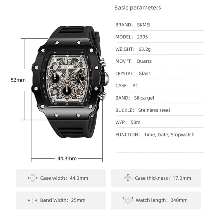 Skmei 2305 Men Elegante Quartzo Assistir a Água de Parada de Parada de Parada de Parada de Parada de Stopwatch - Caso Branco Transparente / Cinta Laranja