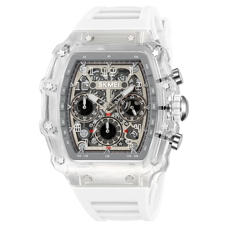SKMEI 2305 Stylish Men Quartz Watch Waterproof Sport Stopwatch Wrist Watch - Transparent White Case / White Strap