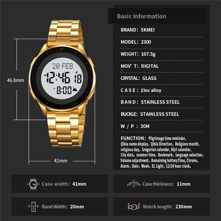 Skmei 2300 Indicador de Direção Qibla Resposta Digital Relisão Luminininador Função de Função Electral - Rose Gold