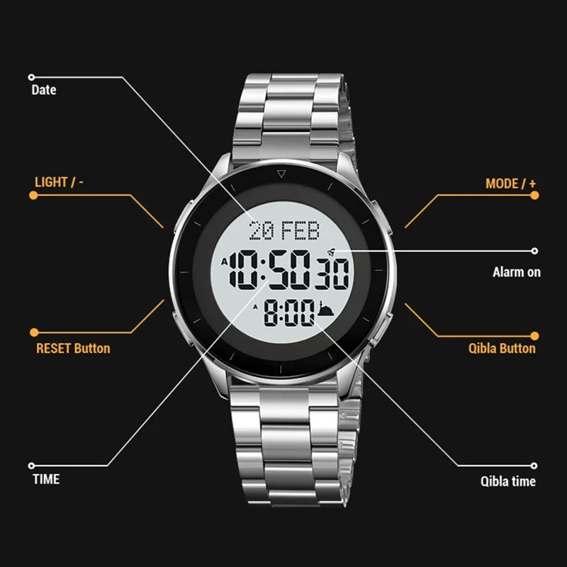 SKMEI 2300 Qibla Direction Indicator Digital Watch Luminous Bookmark Function Electronic Watch - Silver