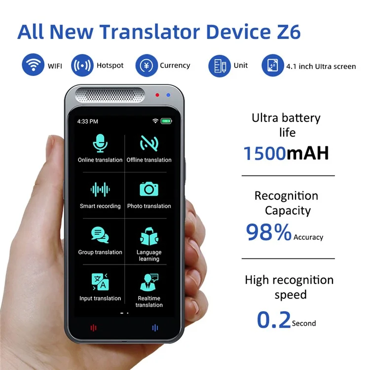 Traducteur Z6 138 Langues Smart Translate Enregistrement Vocal Temps Réel Traduction de Texte Appareil