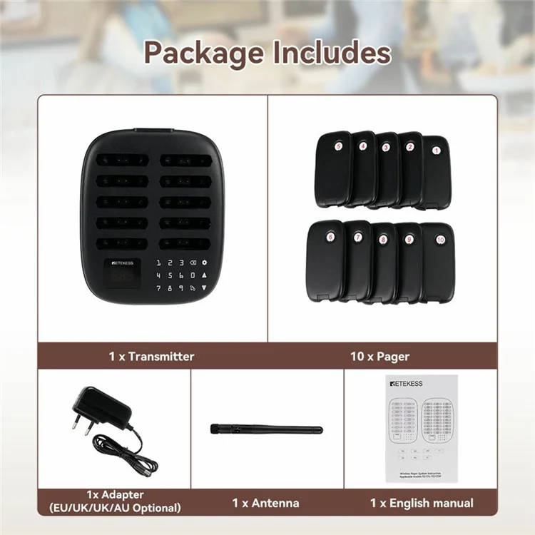 RETEKESS TD175S Restaurant Waiting Pager Set Beeper Buzzer Wireless Calling System with 10 Guest Pagers - UK Plug
