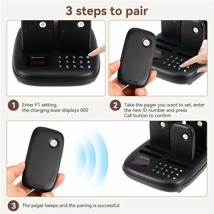 RETEKESS TD175S Restaurant Waiting Pager Set Beeper Buzzer Wireless Calling System with 10 Guest Pagers - UK Plug