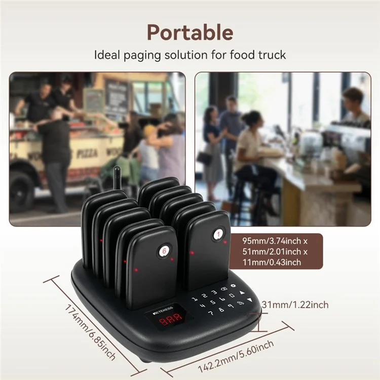 RETEKESS TD175S Restaurant Waiting Pager Set Beeper Buzzer Wireless Calling System with 10 Guest Pagers - UK Plug