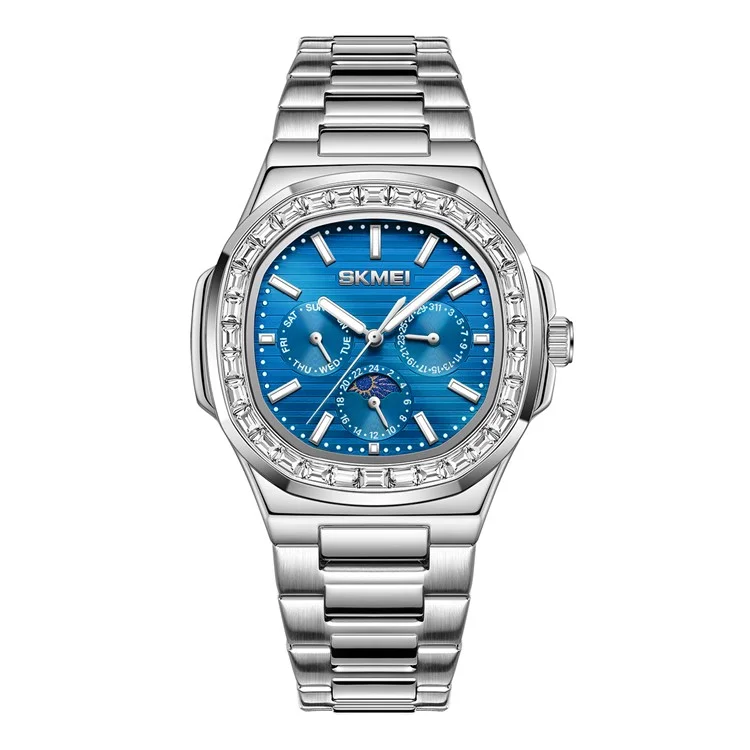 SKMEI 7076 Business Men Quartz Watch Octagonal Zircon Decor Fashion Wrist Watch - Silver Strap / Blue Dial