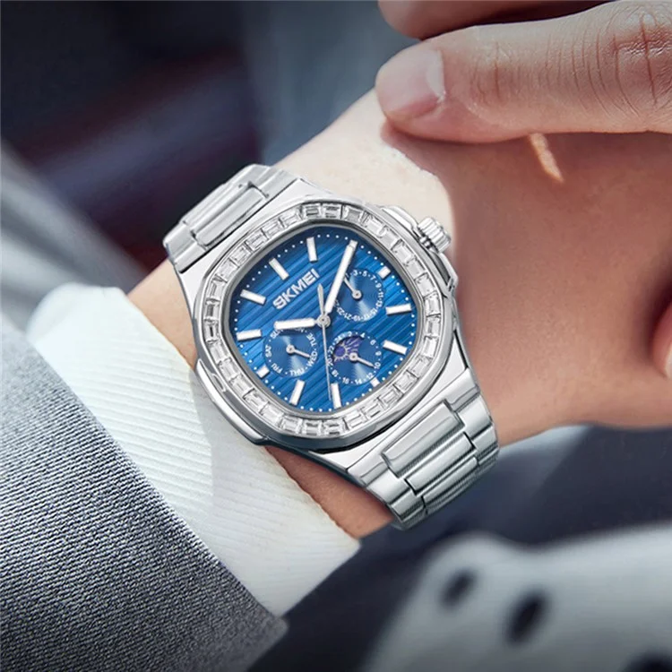 SKMEI 7076 Business Men Quartz Watch Octagonal Zircon Decor Fashion Wrist Watch - Silver Strap / Blue Dial