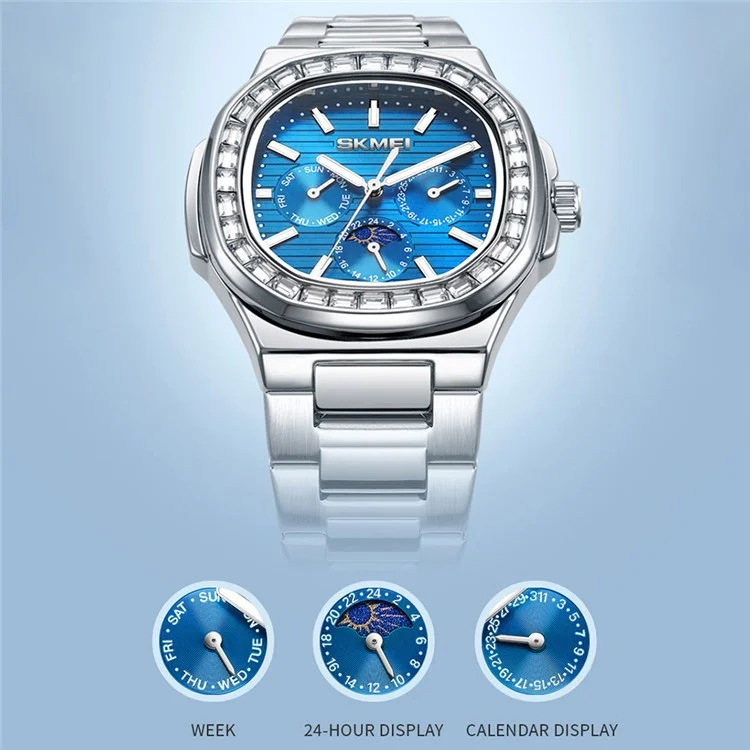 SKMEI 7076 Business Men Quartz Watch Octagonal Zircon Decor Fashion Wrist Watch - Silver Strap / Blue Dial