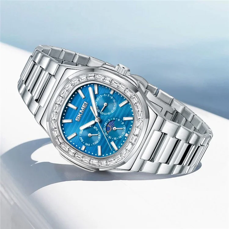 SKMEI 7076 Business Men Quartz Watch Octagonal Zircon Decor Fashion Wrist Watch - Silver Strap / Blue Dial