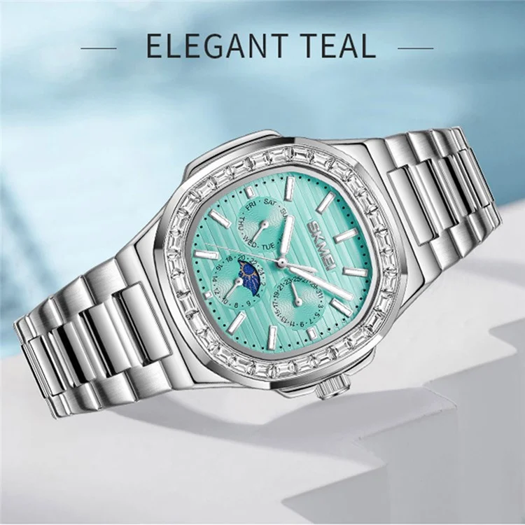SKMEI 7076 Business Men Quartz Watch Octagonal Zircon Decor Fashion Wrist Watch - Silver Strap / Blue Dial