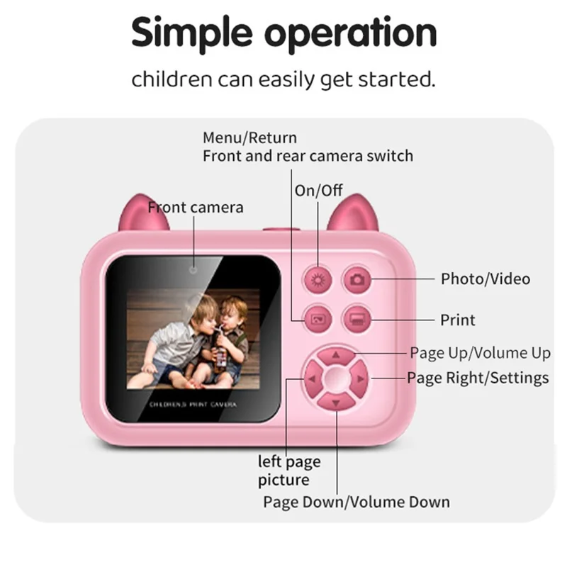 S6 2.4-inch Screen Lovely Kids Dual Lens Digital Camera Instant Photo Printing Machine with 32G TF Card + Card Reader - Pink
