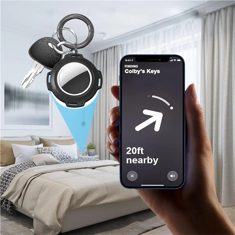 For Apple AirTag Case Bluetooth-compatible Locator IP68 Waterproof TPU+PC Protective Cover with Key Ring - Black