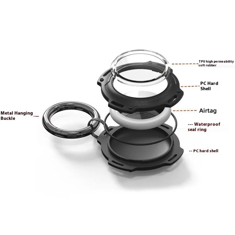 For Apple AirTag Case Bluetooth-compatible Locator IP68 Waterproof TPU+PC Protective Cover with Key Ring - Black