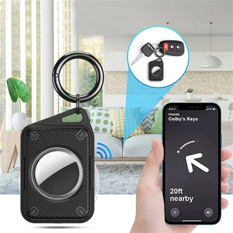 For Apple AirTag Case Locator Tracker IP68 Waterproof TPU+PC Cover Keyring Holder - Black / Carbon Fiber