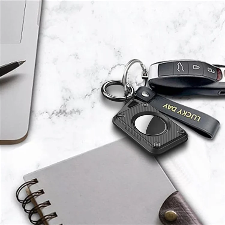 For Apple AirTag Case Locator Tracker IP68 Waterproof TPU+PC Cover Keyring Holder - Black / Carbon Fiber