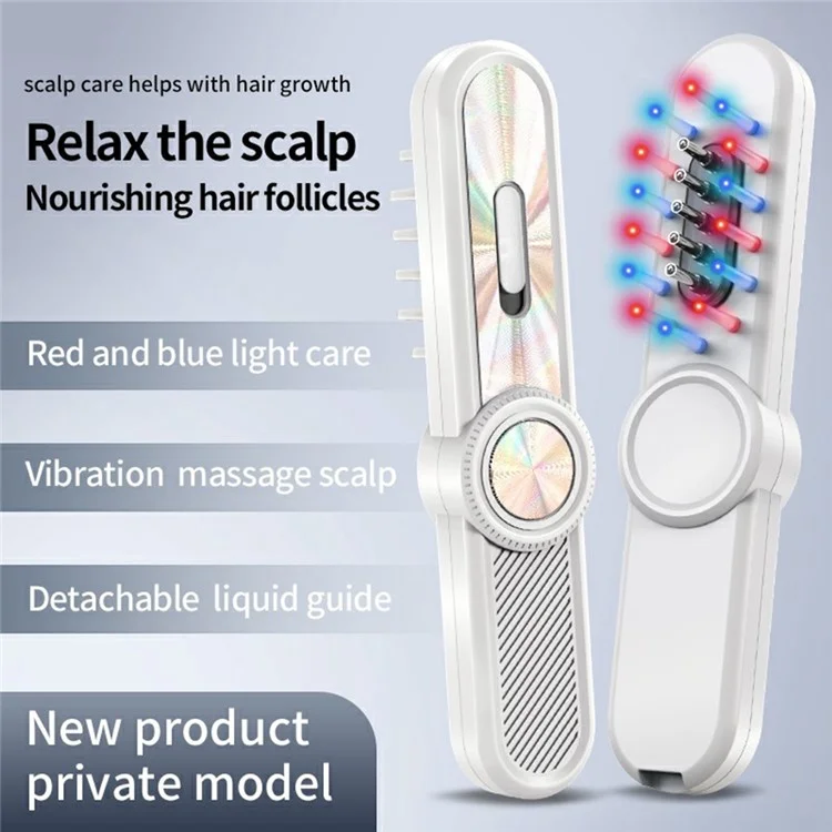 Peigne Masseur Capillaire à Lumière Rouge/Bleue avec Guide Liquide, Vibration, Certifié CE - Blanc