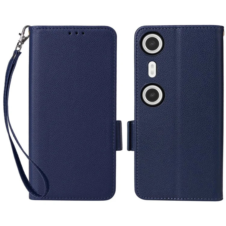 For XREAL Beam Pro Case with Wrist Strap Litchi Texture PU Leather Wallet Phone Cover - Dark Blue